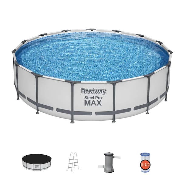 Bestway 56687E-BW Pro MAX 15 ft. x 15 ft. Round 42 in. Deep Metal Frame Above Ground Swimming Pool with Pump & Cover - 1