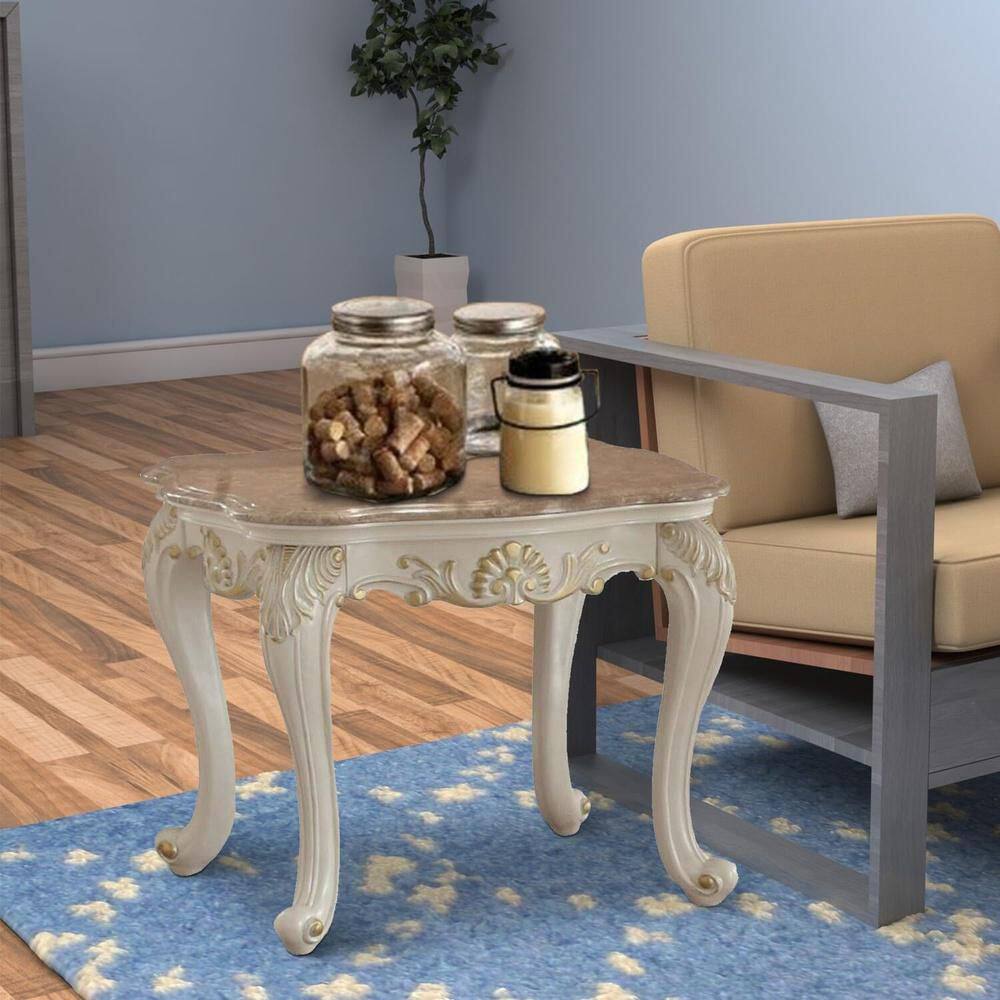 26 in. White and Light Brown Rectangle Faux Marble End Table, Sturdy Build End Side Table for Living Rooms