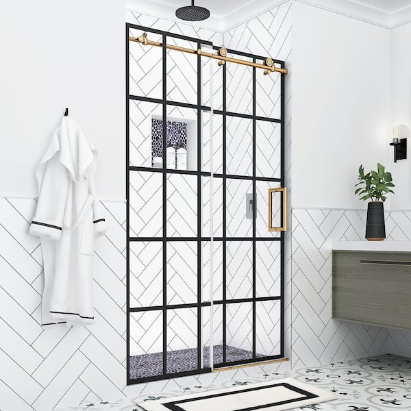 Aston Kamaya XL 44 - 48 in. W x 80 in. H Sliding Frameless Shower Door in Black & Brushed Gold Finish with Clear Glass, Right