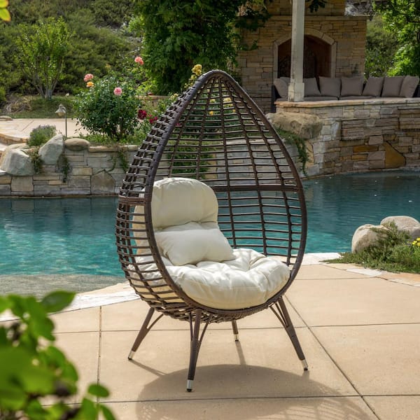 Noble House Cutter Multi-Brown Teardrop Faux Rattan Outdoor Lounge Chair with Beige Cushion