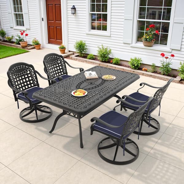 Willit Vintage 5-Piece Cast Aluminum Patio Outdoor Dining Set with Rectangular Dining Table,4 Swivel Chairs and 4 Blue Cushions