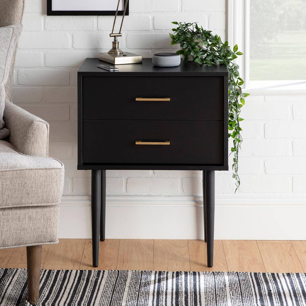 Black Wood and Metal 2-Drawer Side Table with Storage