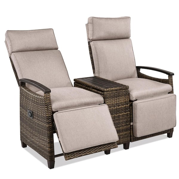 Unbranded Wicker Outdoor Loveseat Recliner with Brown Cushions, Built-in Storage Table