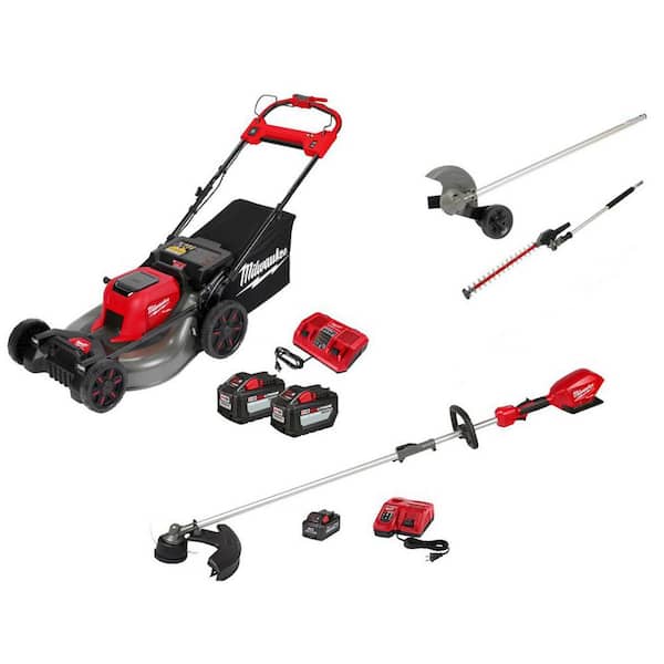 Milwaukee M18 FUEL Brushless 21 in. Self-Propelled Mower w/ String Trimmer, Edger, Hedger, Pole Saw, (2) 12Ah & (1) 8Ah Batteries