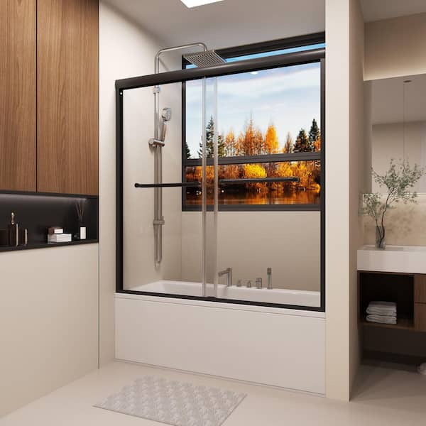 QuivaraView 60 in. W x 62 in. H Sliding Bath Tub Door in Matte Black with 5/16 in. Tempered Clear Glass