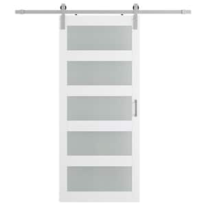 28 in. x 84 in. 5-Lite Frosted Glass White Prefinished MDF Sliding Barn Door with Brushed Nickel Hardware Kit