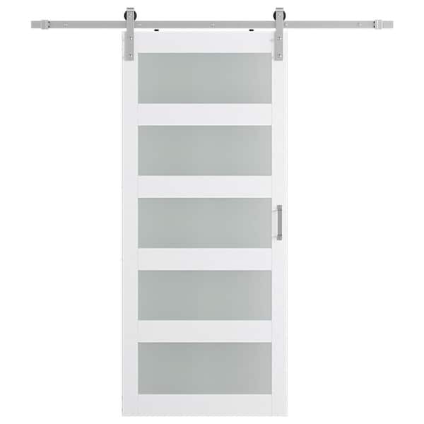 38 in. x 96 in. 5-Lite Frosted Glass White Prefinished MDF Sliding Barn Door with Hardware Kit (Brushed Nickel Hardware)