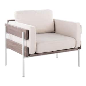 Kari Cream Fabric Grey Wood and White Metal Arm Chair