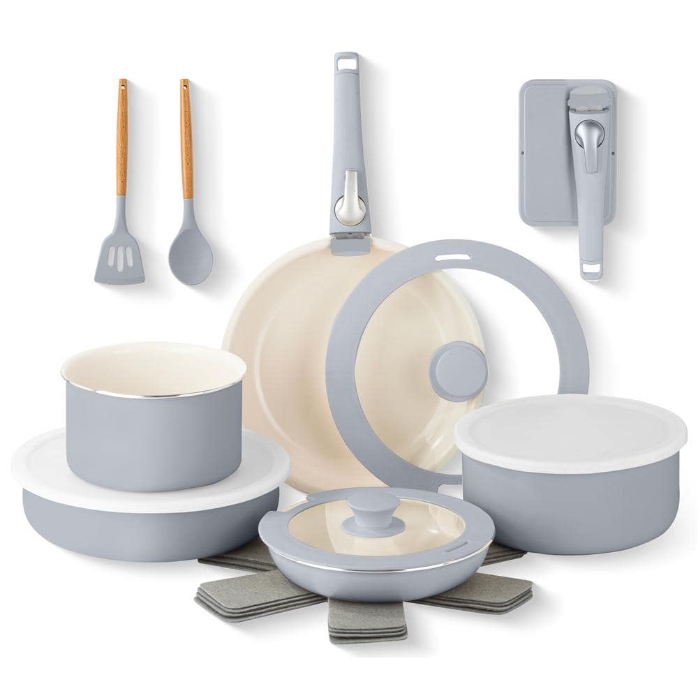 18 Piece Aluminum Ceramic Nonstick Detachable Handle Cookware Set in Grey