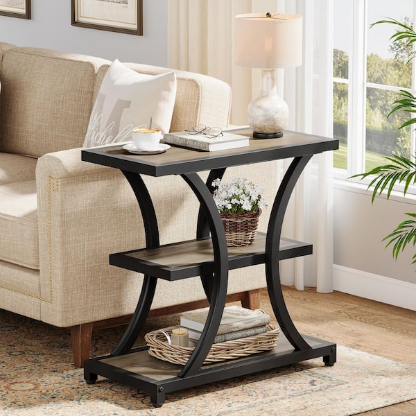 23.6 in. Gray Rectangle Engineered Wood End Table with Storage Shelves, Narrow Side Table with Metal Frame