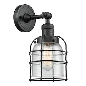 Franklin Restoration Bell Cage 6 in. 1-Light Matte Black Wall Sconce with Seedy Glass Shade