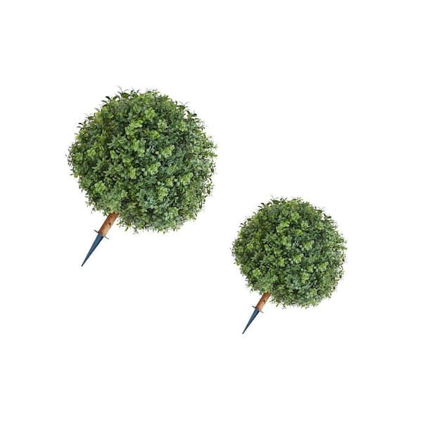 1.8 ft. Artificial Topiary Boxwood Trees with Ground Spike, 22 in. Set of Faux Shrubs and Bushes Potted Plants
