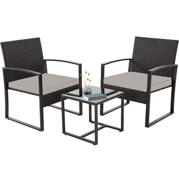 Sudzendf Black 3-Piece Wicker Patio Conversation Set, Bistro Set with Gray Cushions