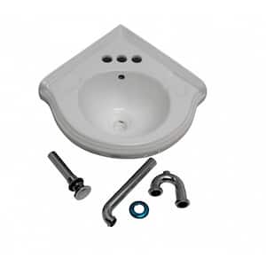 Corner Wall Mount Bathroom Sink 22 in. White Ceramic Sink with 4 in. Faucet Holes, Drain and P Trap Renovators Supply