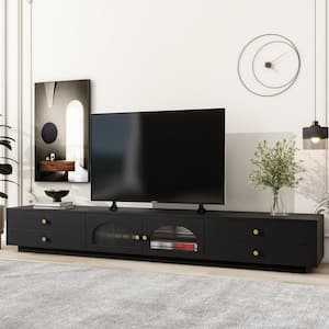 86.6 in. Luxurious Functional Media Console TV Stand Storage Cabinet with Fluted Glass Doors for TVs Up to 90 in., Black
