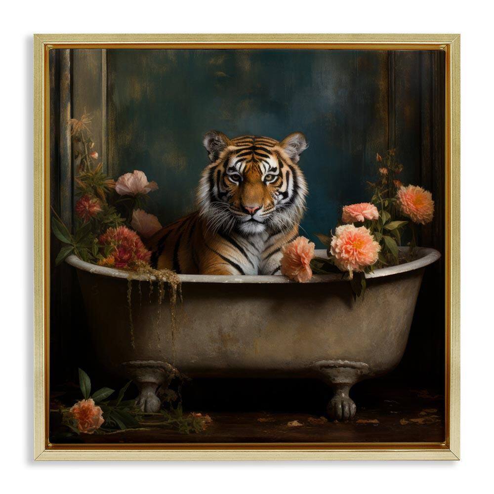 Tiger in Floral Bathtub by Lazar Studio Gold Floater Frame Graphic Art Print Animal 25 in. x 25 in. price history on PriceWatchPro