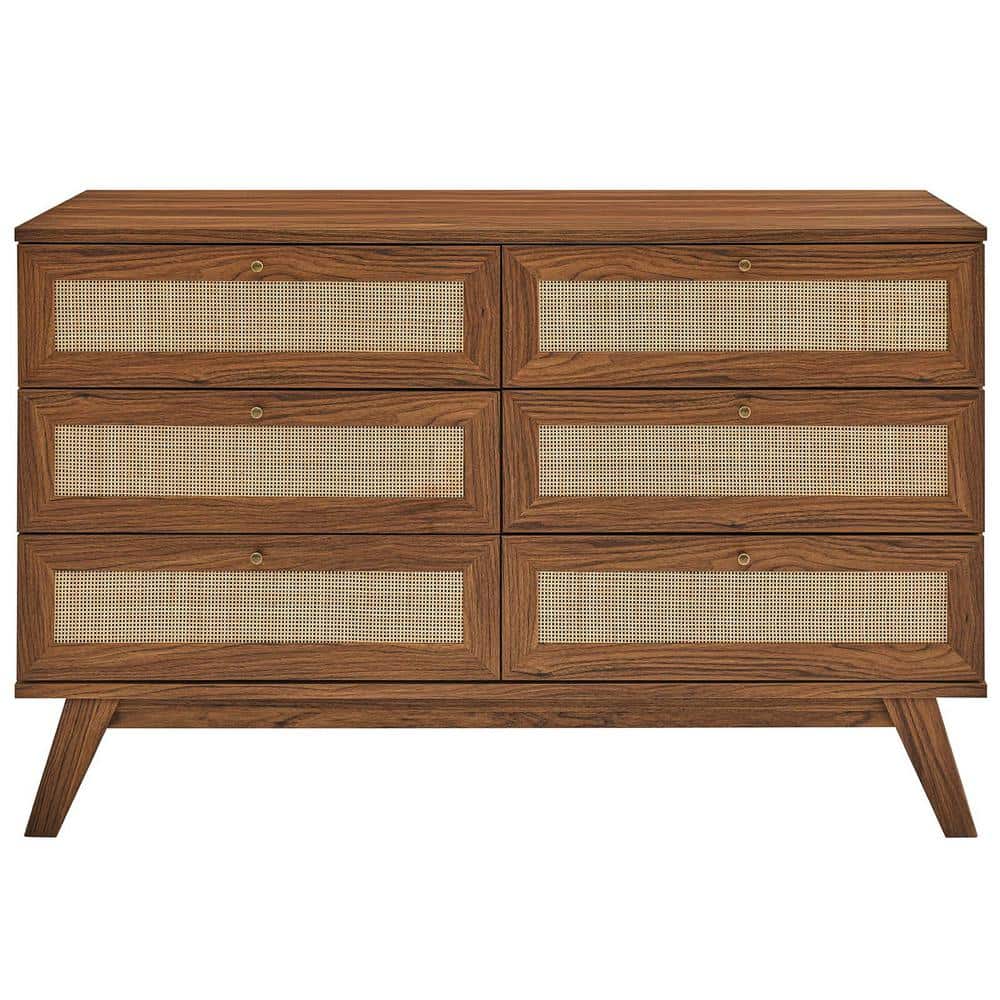 Walnut Double 6-Drawer Dresser with Rattan Weave
