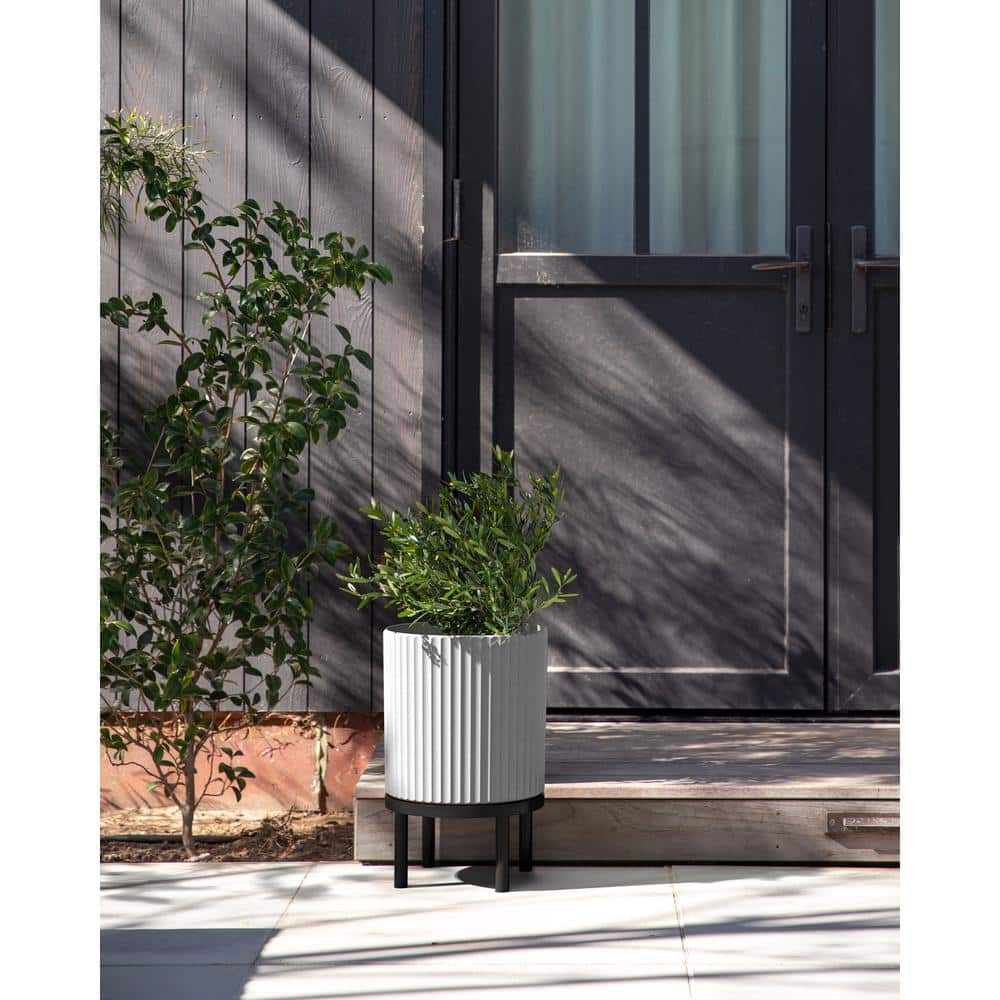 White and Black Fluted Planter with Acacia Wood Stand