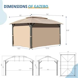 10 ft. x 14 ft. Dark Gray Steel Frame Outdoor Patio Double Canopy Gazebo with Light Brown Curtains and Mosquito Net