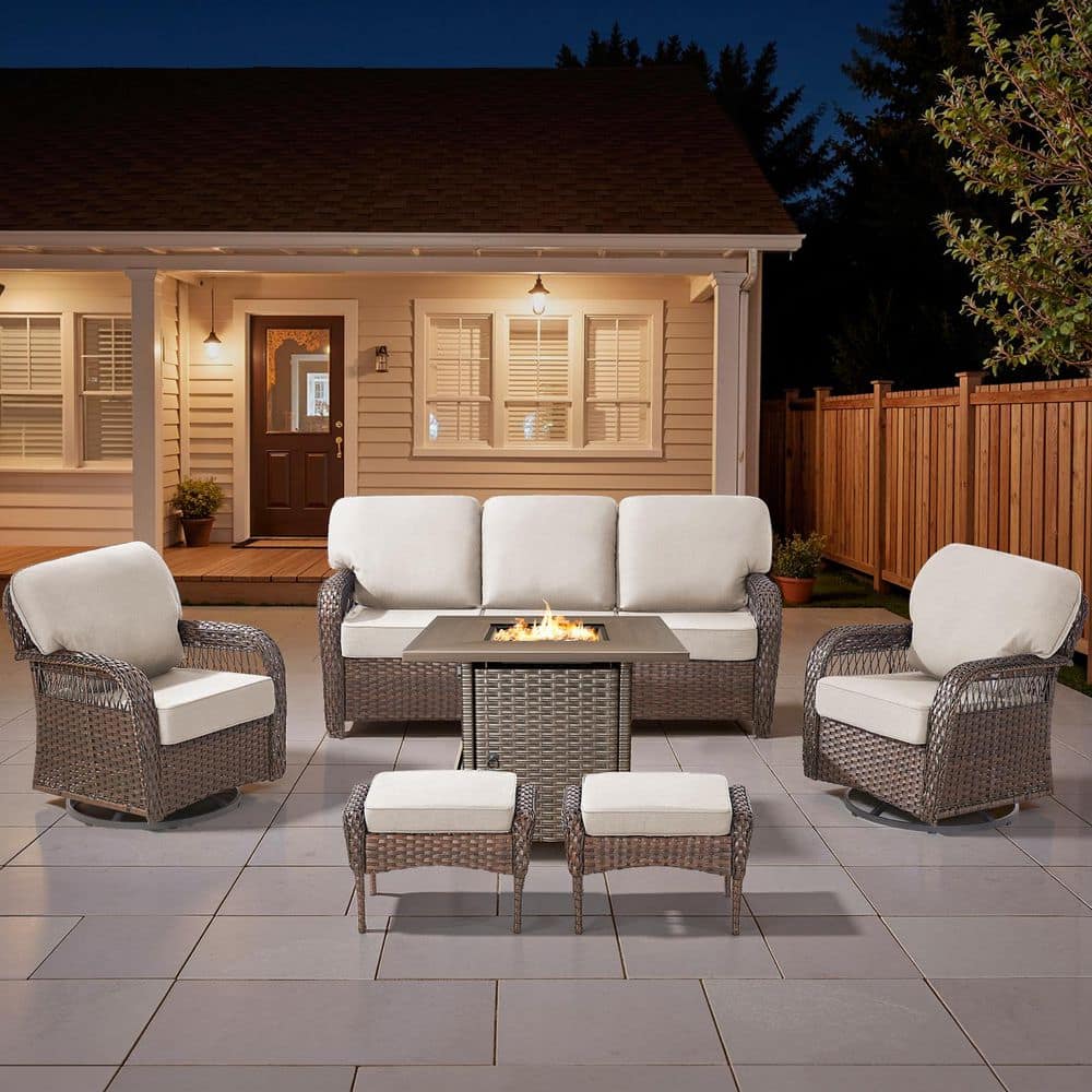 Tyber 6-Piece Brown Wicker Outdoor Fire Pit Patio Conversation Sofa Sets with Swivel Glider Chairs with Beige Cushions price history on PriceWatchPro