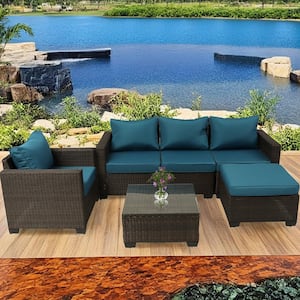 Modern 6-Piece Brown Wicker Patio Outdoor Sofa Conversation Seating Set with Peacock Blue Cushions and Slope Back