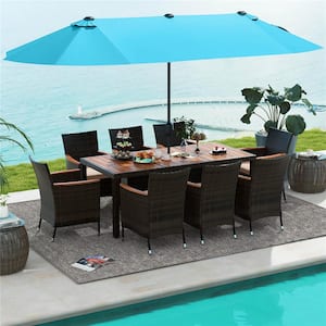 Brown 9-Piece Wood Rectangle 29 in. Outdoor Dining Set with Cushions Beige Double-Sided Outdoor Umbrella 8 Stackable