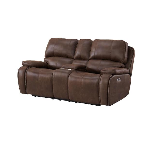 Grover 80 in. Heritage Brown Solid Power Motion Polyester 2 Seats Loveseat with Power Motion Head Recliner and Console