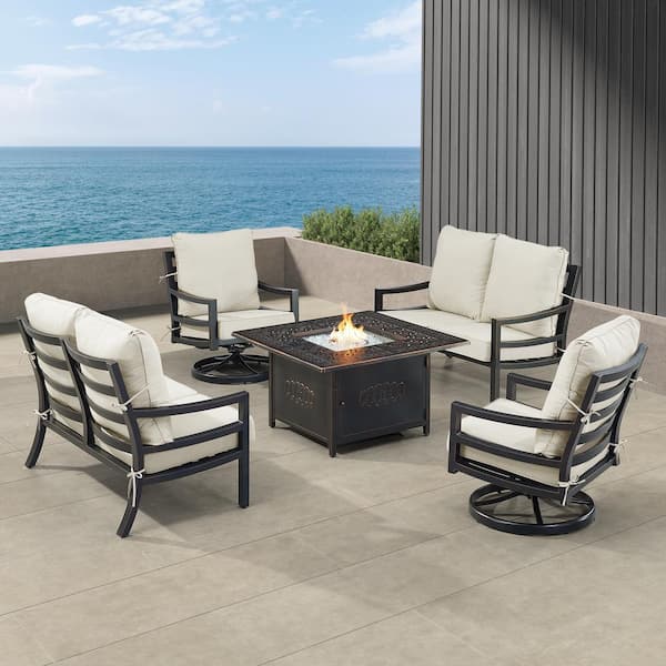 Oakland Living Black 6-Piece Aluminum Patio Fire Pit with 2-Deep Seating Loveseat and 2-Club Chairs Light Grey Cushions