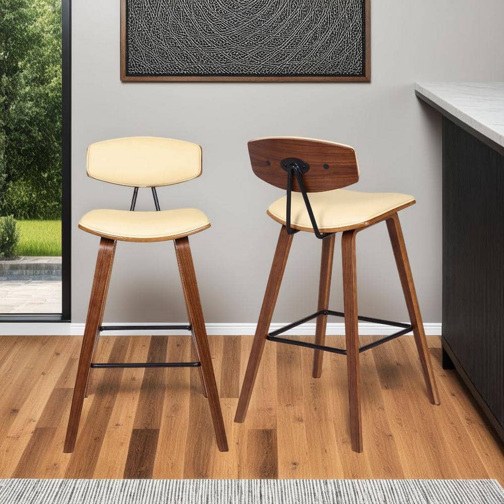 Fox 25.5 in. Mid-Century Counter Height Bar Stool in Cream Faux Leather wit