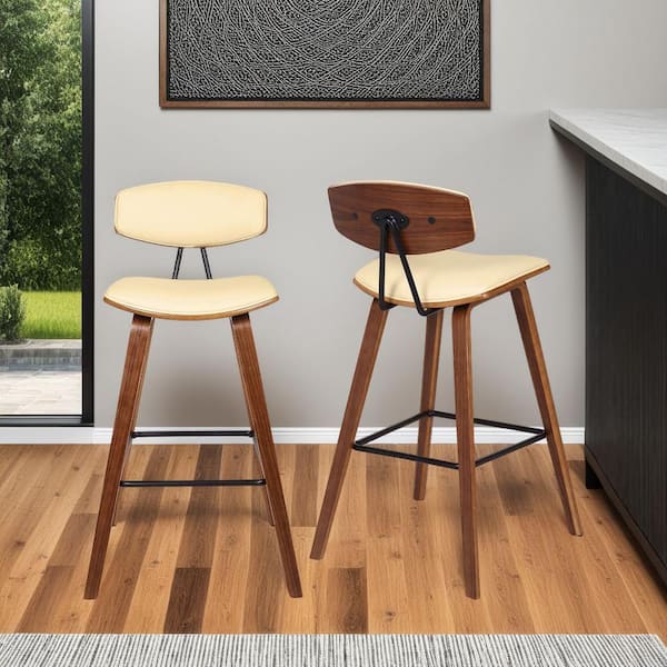 Armen Living Fox 25.5 in. Mid-Century Counter Height Bar Stool in Cream Faux Leather with Walnut Wood