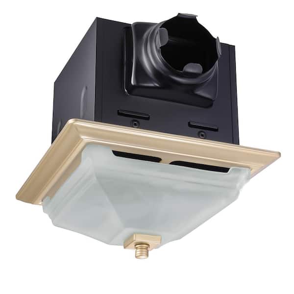LIFT BRIDGE KITCHEN & BATH Decorative Square Matte Gold 110 CFM Ceiling Bathroom Exhaust Fan with LED Light Panel and Glass Globe