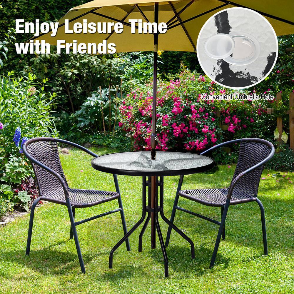 32'' Black Outdoor Patio Table with Tempered Glass Top