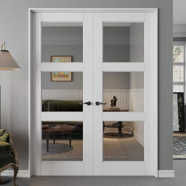 60 in. x 80 in. Universal 3-Lite Clear Glass White MDF Assembly Required Double French Door Kit w/Separate Jamb