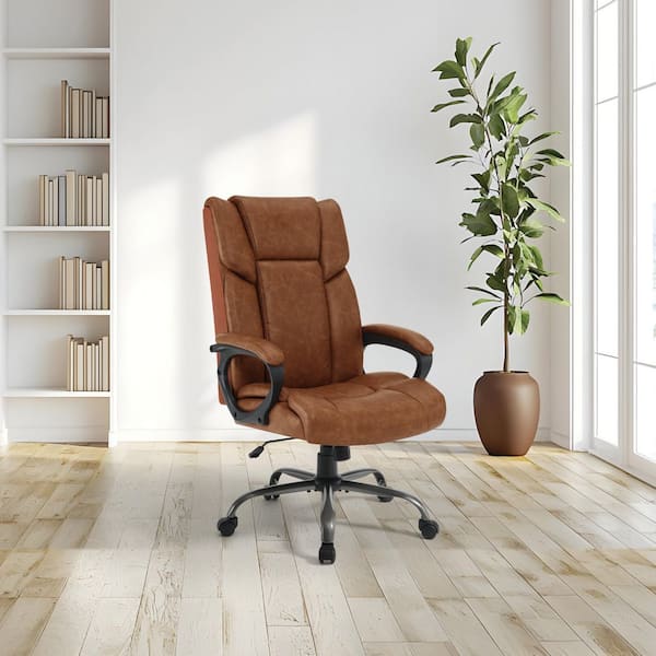High-Back Faux Leather Adjustable Height Ergonomic Executive Chair in Saddle with Padded Arms and Titanium Metal Base