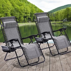 Folding Zero Gravity Metal Frame Recliner Outdoor Lounge Chair With Side Tray, Adjustable Headrest in Gray (2-pack）