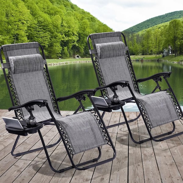 Sonkuki Folding Zero Gravity Metal Frame Recliner Outdoor Lounge Chair With Side Tray, Adjustable Headrest in Gray (2-pack）