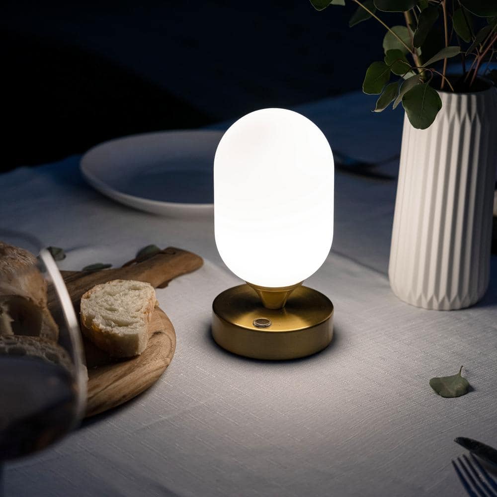 Eli 8" Brass Gold Cordless LED Table Lamp with Frosted Shade