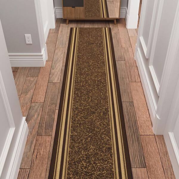 Indoor 1 ft. 10.5 in x 51 ft. Brown Non-Slip Hallway For High Traffic, Bordered Design Runner Rugs
