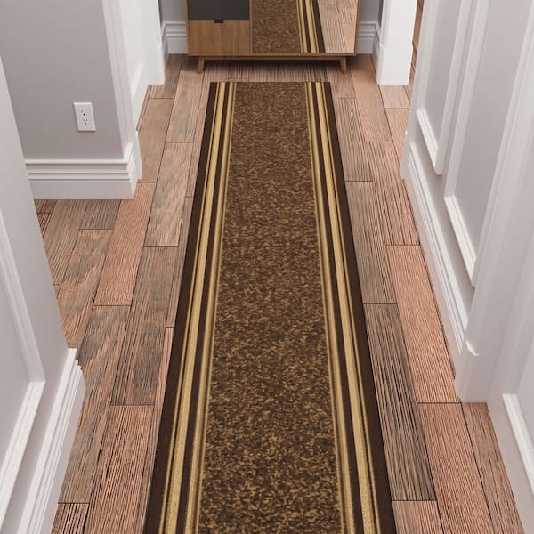Indoor 1 ft. 10.5 in x 9 ft. Brown Non-Slip Hallway For High Traffic, Bordered Design Runner Rugs