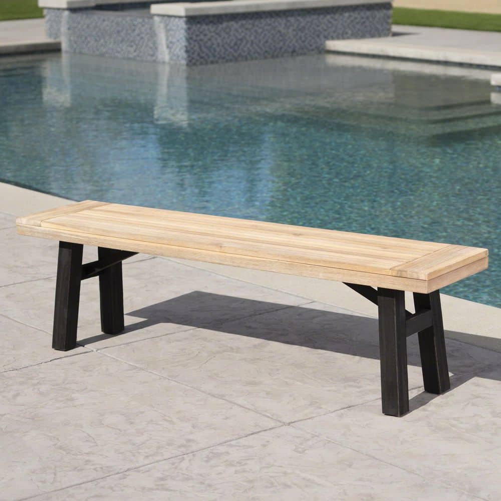63 in. Acacia Wood Outdoor Bench with Slat Panel Design Bench-5 - The ...