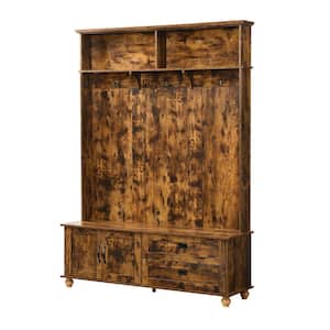 Rustic Brown Modern Style 59 in. W Hall Tree with Storage Cabinet and 2 Large Drawers, and 5 Coat Hooks