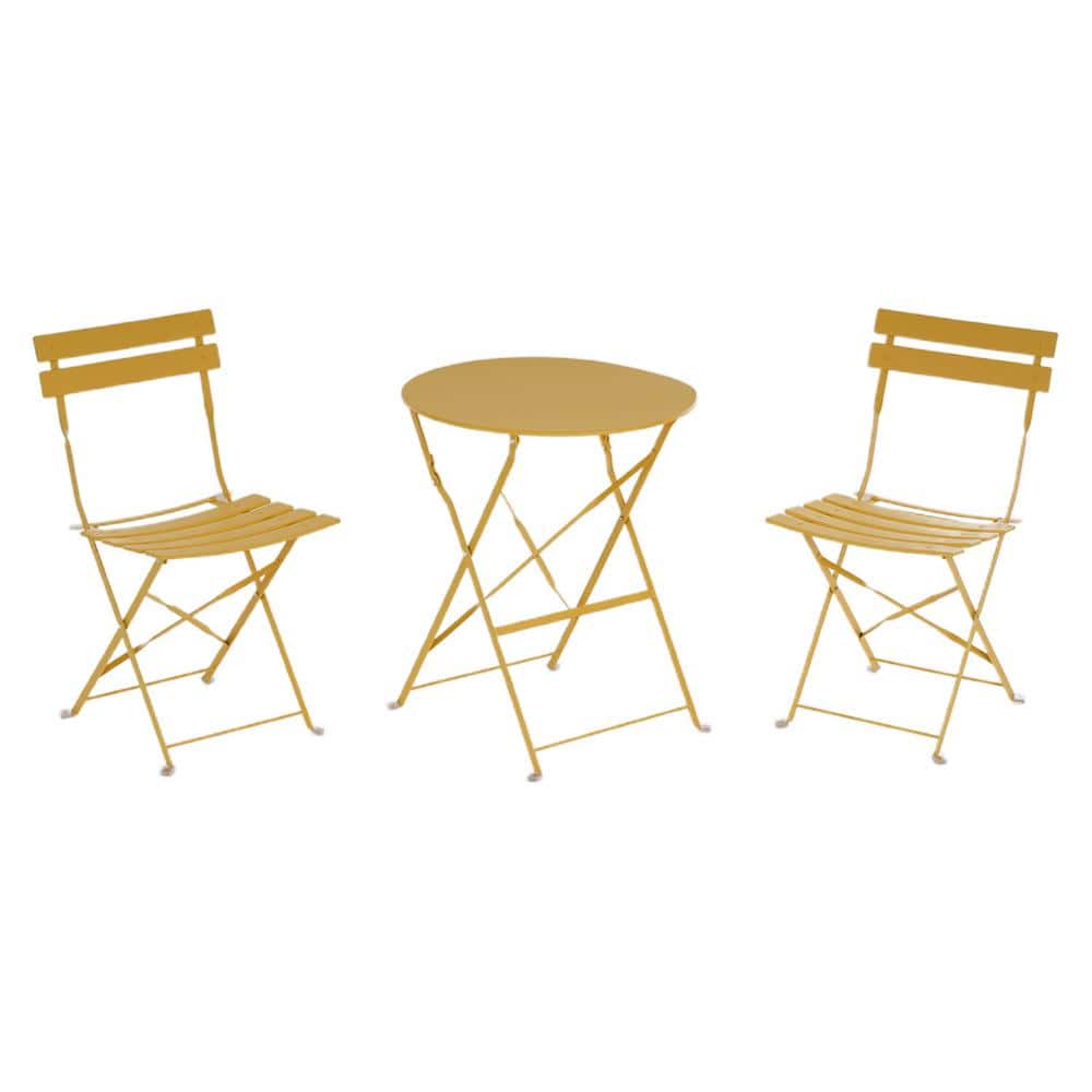 Bright Yellow Folding 3-Piece Metal Outdoor Bistro Set for Patio