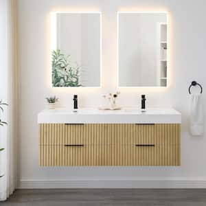 Livia 60 in. W Double Sink Floating Bath Vanity in Nature Brown with White Stone Top and Mirror