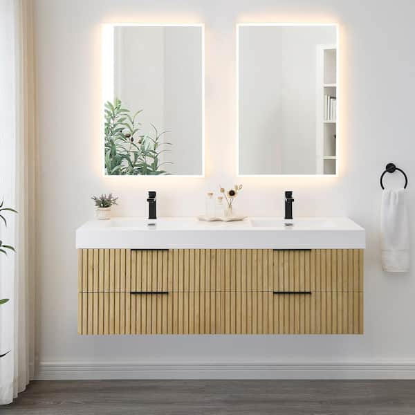 Altair Livia 60 in. W Double Sink Floating Bath Vanity in Nature Brown with White Stone Top and Mirror