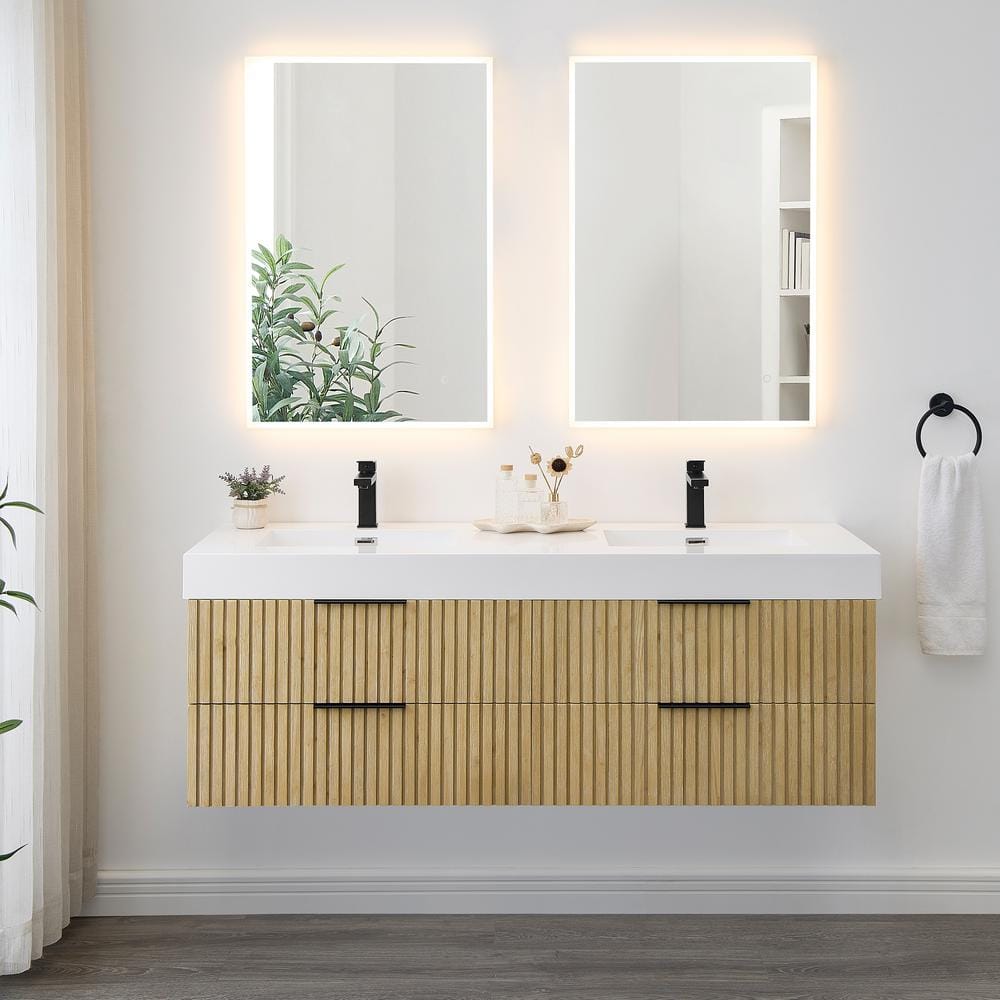 Livia 60" Nature Brown Fir Wood Wall-Mounted Vanity