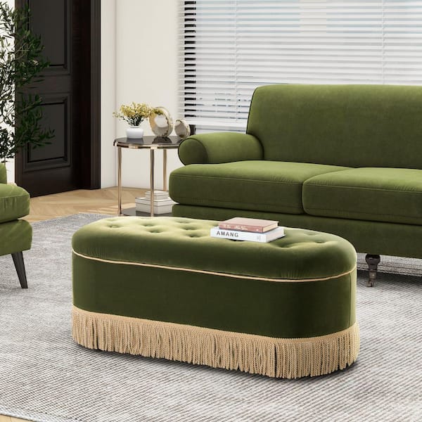 Melinda 48.5 in. Oval Tufted Bullion Fringe Storage Bench, Olive Green Performance Velvet