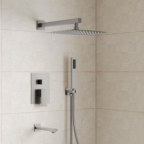 Pressure Balance Single Handle 3-Spray Wall Mount 10 in. Tub and Shower Faucet 2.5 GPM in. Brushed Nickel Valve Included