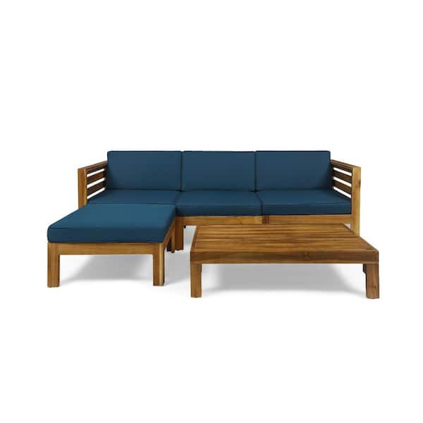 Cambridge Teak Brown 5-Piece Acacia Wood Outdoor Patio Conversation Sectional Seating Set with Dark Teal Cushions