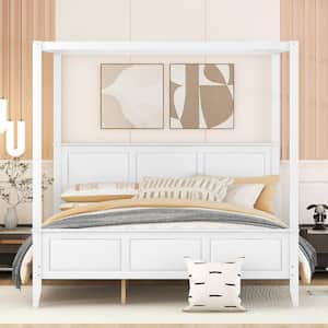 79 in. W White King Size Canopy Bed Frame Wooden Platform Bed with Headboard and Footboard, No Box Spring Needed