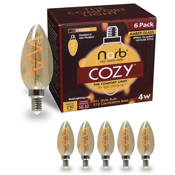 NorbCOZY 4W Equivalent B11 Warm White (Less Than 2700K) Dimmable Warm Amber Spiral Edison LED Light Bulb (6-Pack)